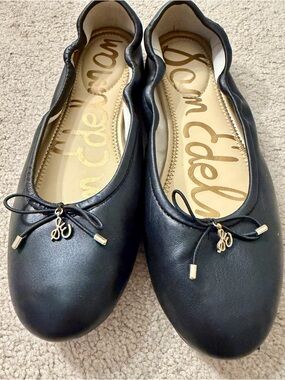 Sam Edelman Black Leather Ballet Flats with Bow & Gold Accents